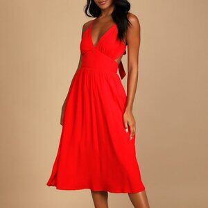 Lulus Bold New Look Bright Red Tie-back Midi Dress With Pockets - Size M